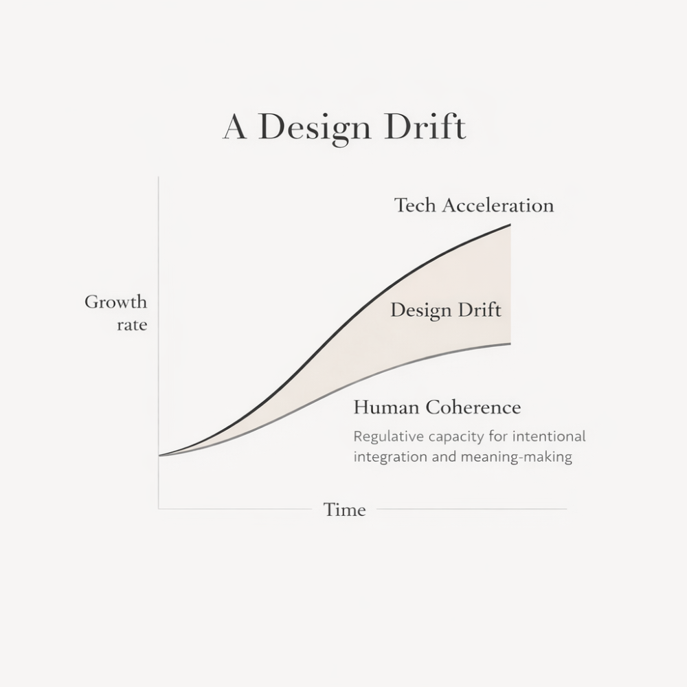 Ethocology diagram showing design drift as technology accelerates faster than human coherence over time.
